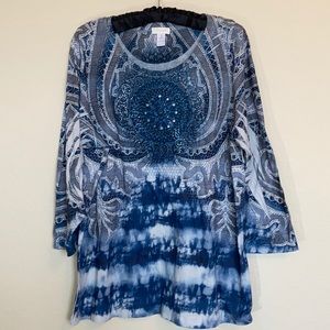 Chico’s Blue Embellished Tie-dyes Top size XL